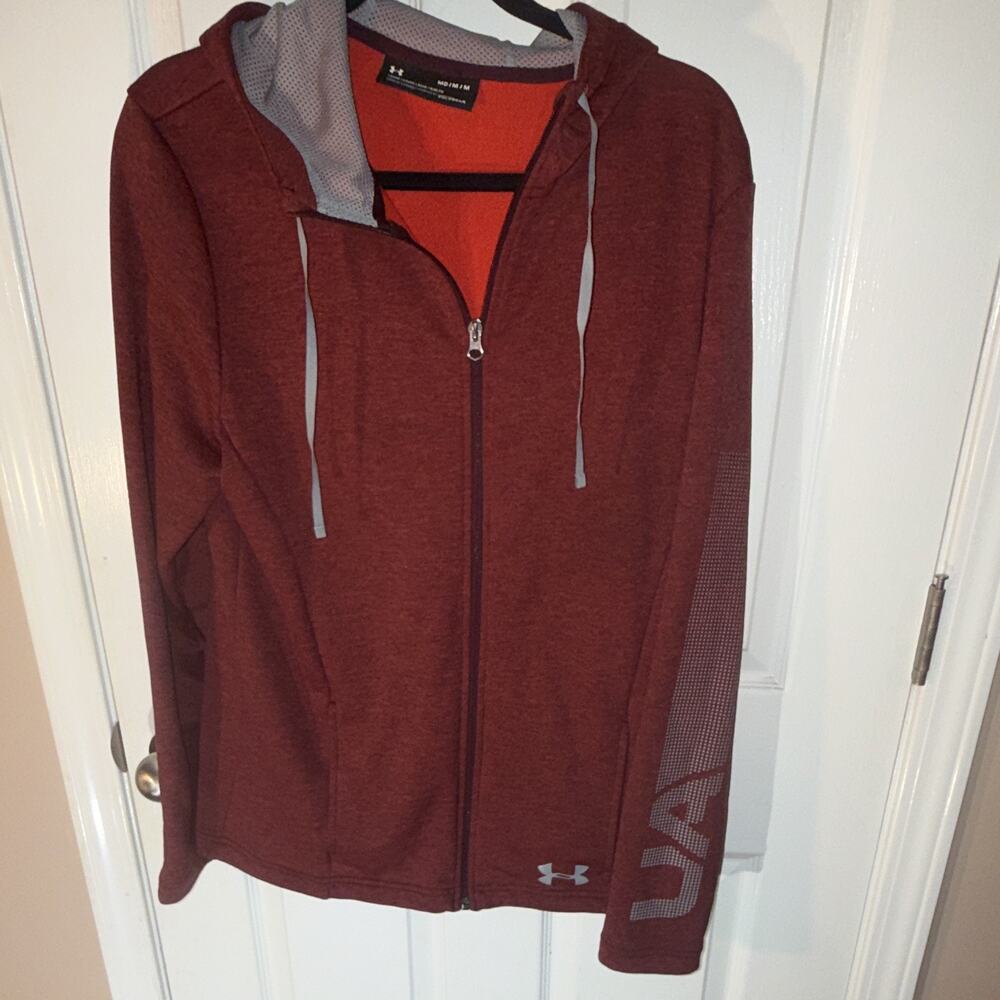 Under Armour ColdGear Red Full Zip Fleece Hoodie Logo Pockets Men's M Loose
